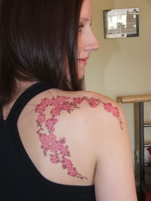 Cherry Blosoom Tattoos On Girl Right Back Shoulder